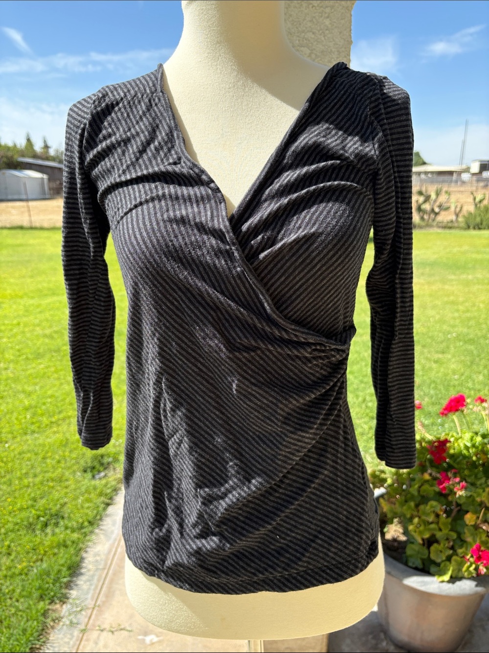 Women’s Black and Gray Striped Wrap-Front Long Sleeve Top